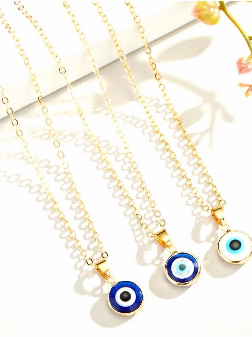Hand Crafted Gold Necklace with Blue and White Evil Eye Pendant - Picture 2 of 3